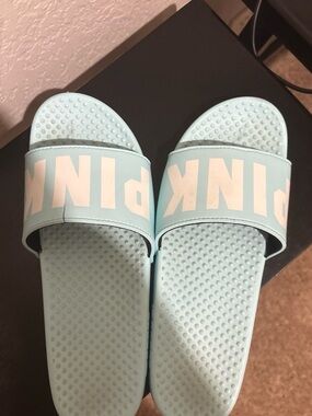 PINK Victoria's Secret Light Blue Slide Sandals with White Logo